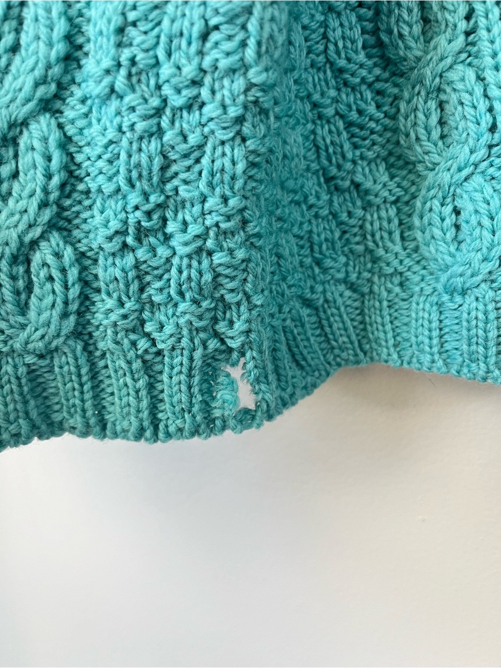 NWOT Aran Crafts Womans L Turquoise Merino Wool Cable Knit 1/4-Zip Sweater- FLAW - Picture 15 of 15